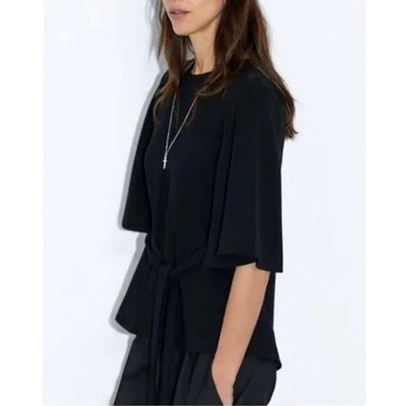 Zara Black Flowy Top Blouse Tie Bow Bell sleeves Size S - Picture 3 of 12